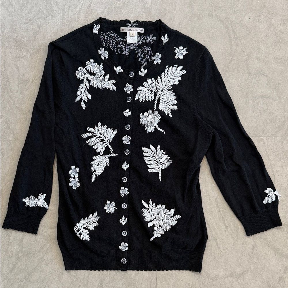 Beaded Y2K  Black Cardigan with White Floral Embroidery M